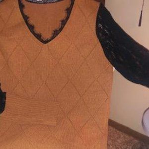 Brown V Neck Sweater with Black Lace Sleeves